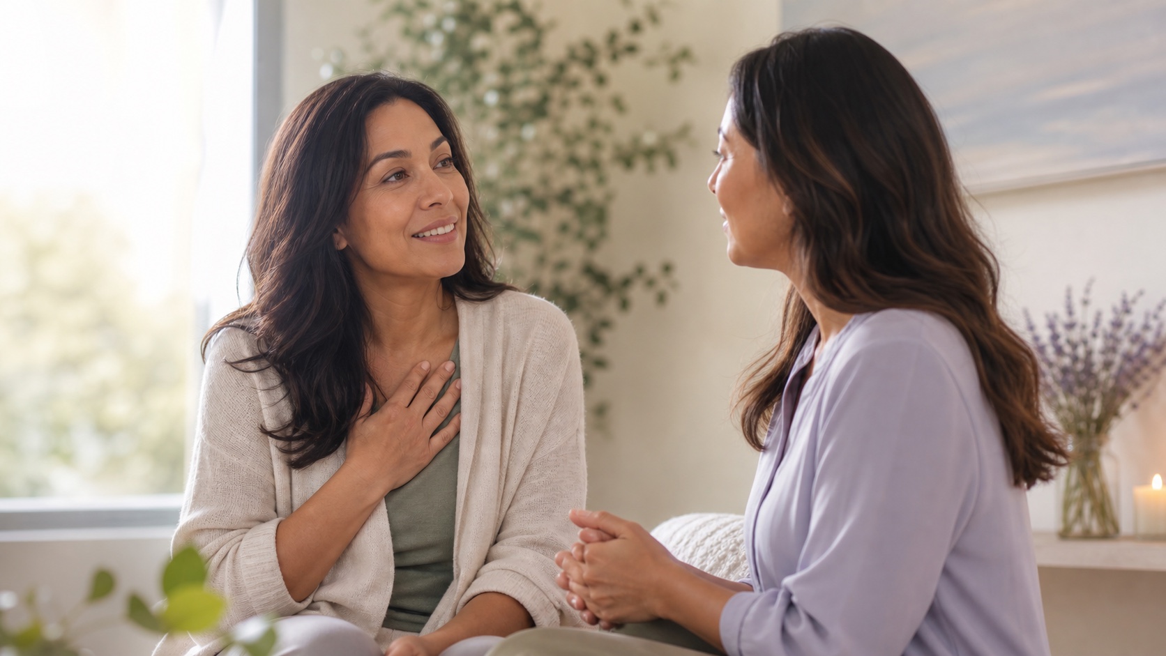 A woman speaking with a female therapist and looking relieved