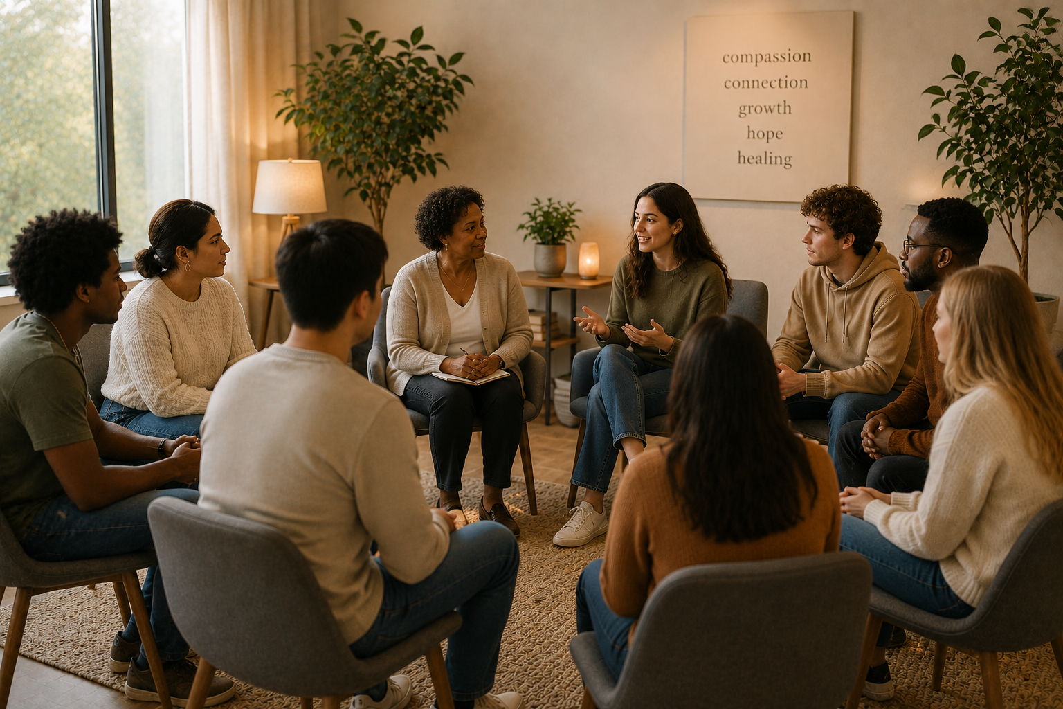 A supportive group counseling session in a calm room
