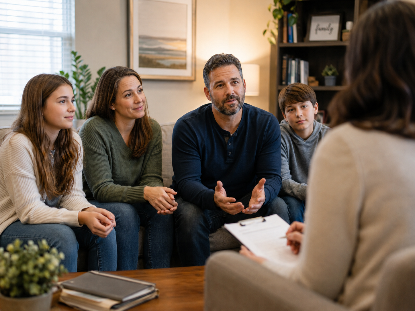 A family speaking with a counselor during a support session